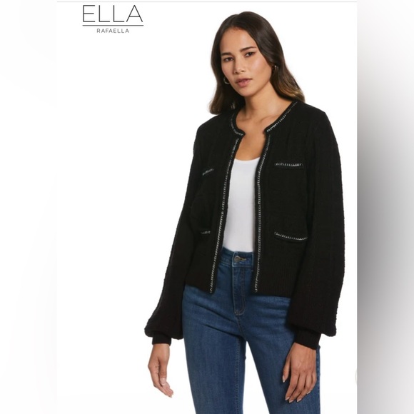 Ella Rafaella Black Sweater Cardigan with Silver Chain Trim NWT XXL - Picture 3 of 7